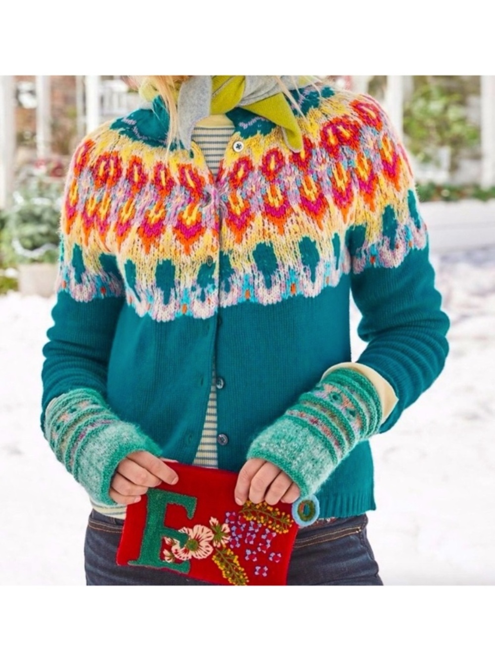 Sundance Kaleidoscope Bloom Fair Isle Lambswool Cardigan Teal Size Medium FLAW*